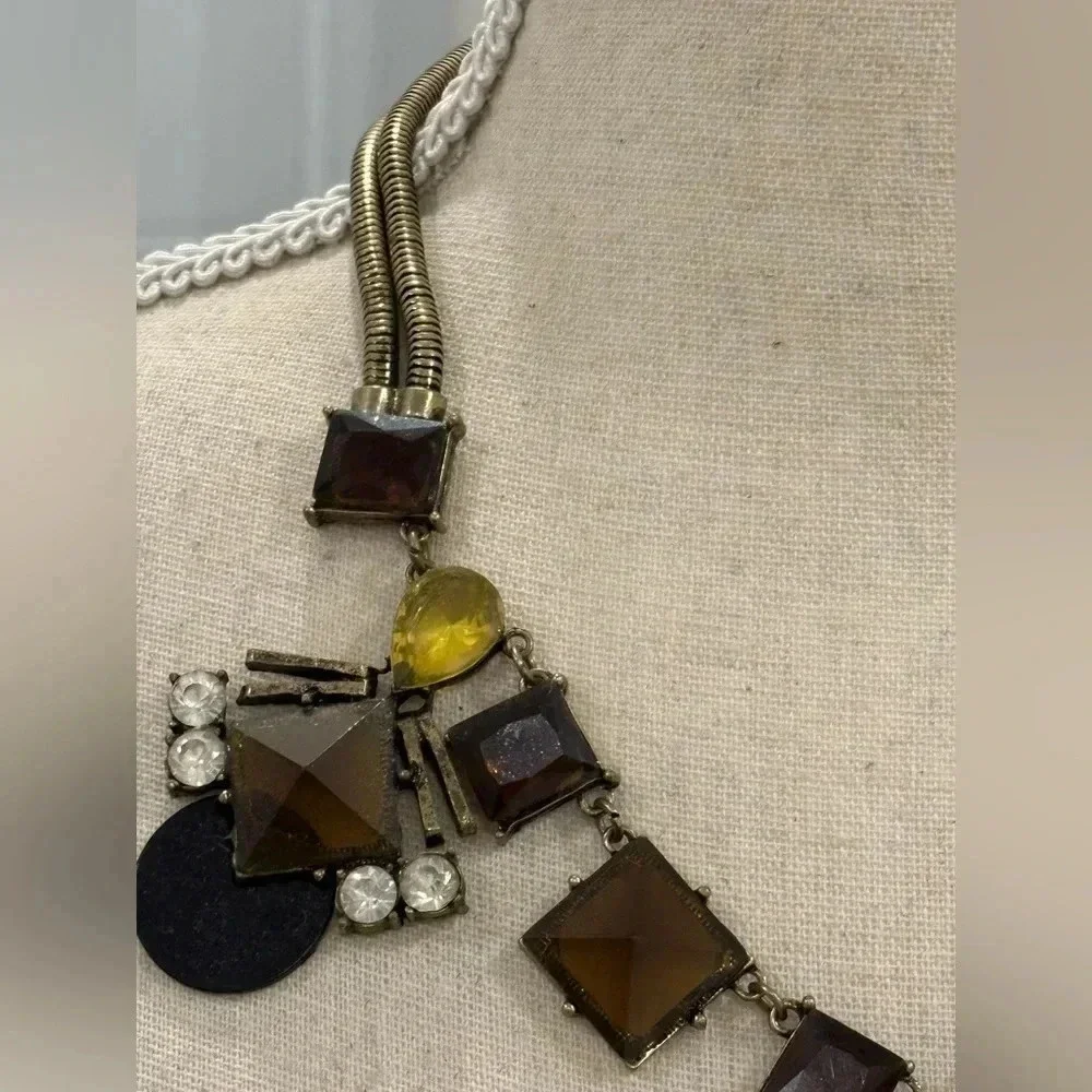 Vintage Sohi Denise gold costume statement necklace with yellow and brown stones - Picture 6 of 14